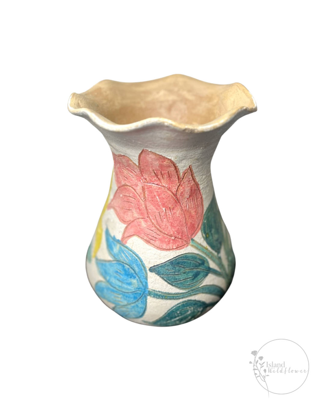 Hand-Carved Vase with Ruffled Top and Colorful Flower and Leaf Designs