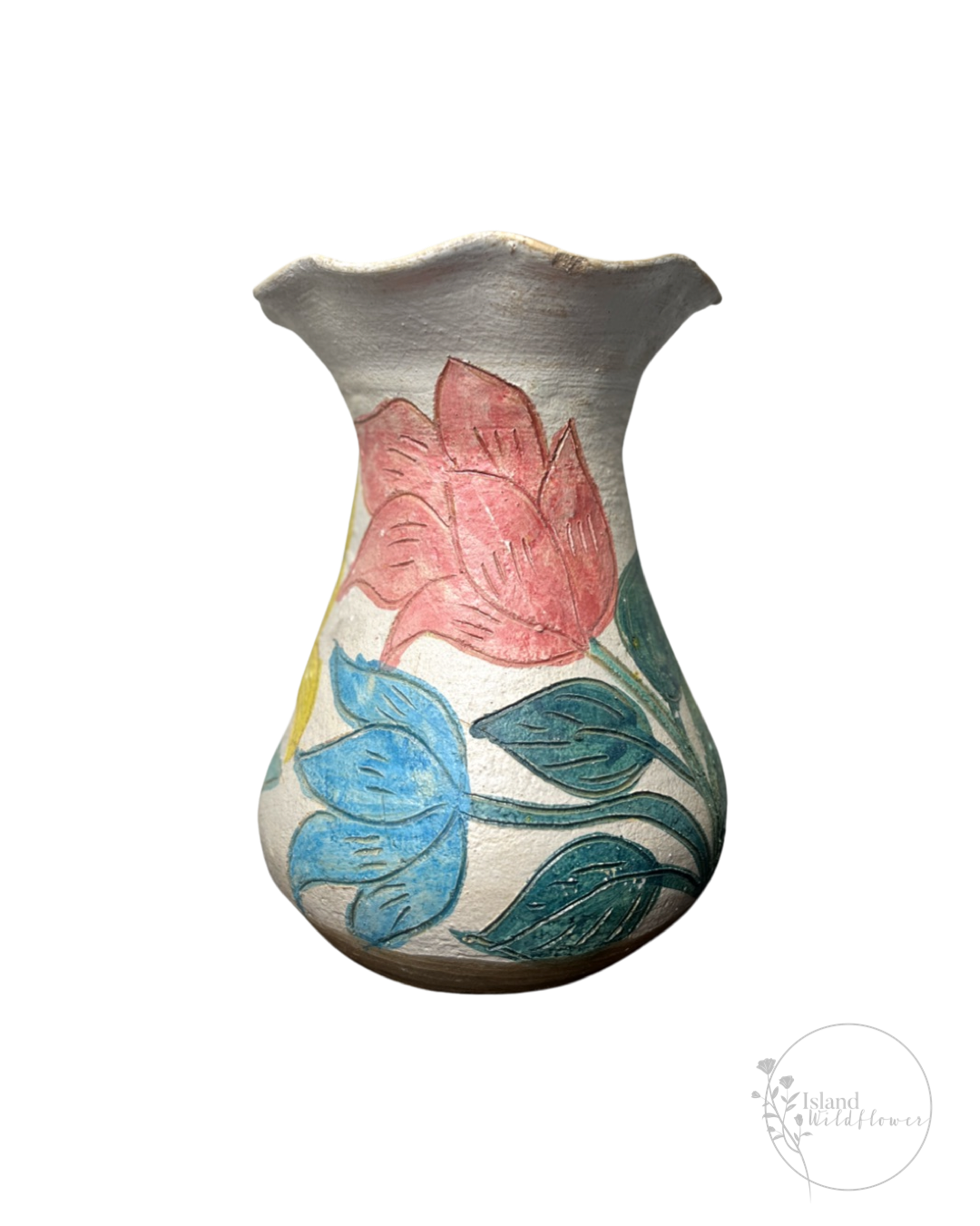 Hand-Carved Vase with Ruffled Top and Colorful Flower and Leaf Designs