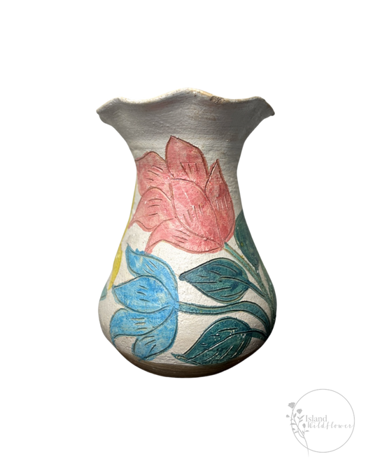 Hand-Carved Vase with Ruffled Top and Colorful Flower and Leaf Designs