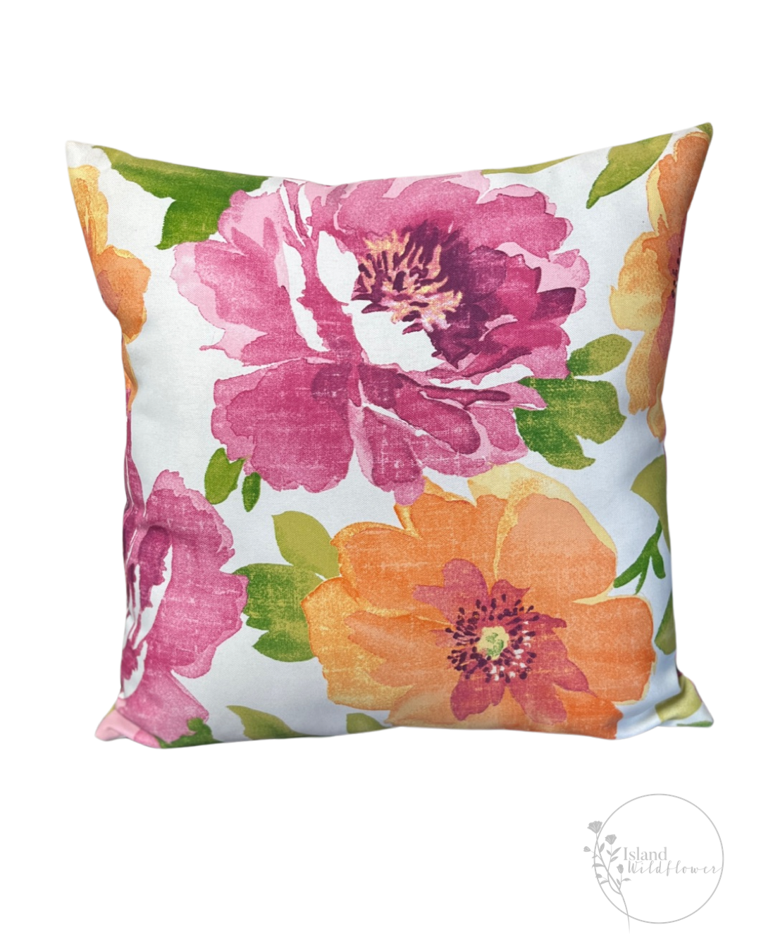 Floral Watercolor Throw Pillow - Pink and Orange Flowers on White (16"x16") - Indoor/Outdoor Accent Pillow