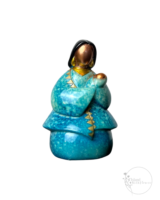 Native American Mother and Child Figurine in Speckled Blue Ceramic with Bronze Faces and Gold Accents