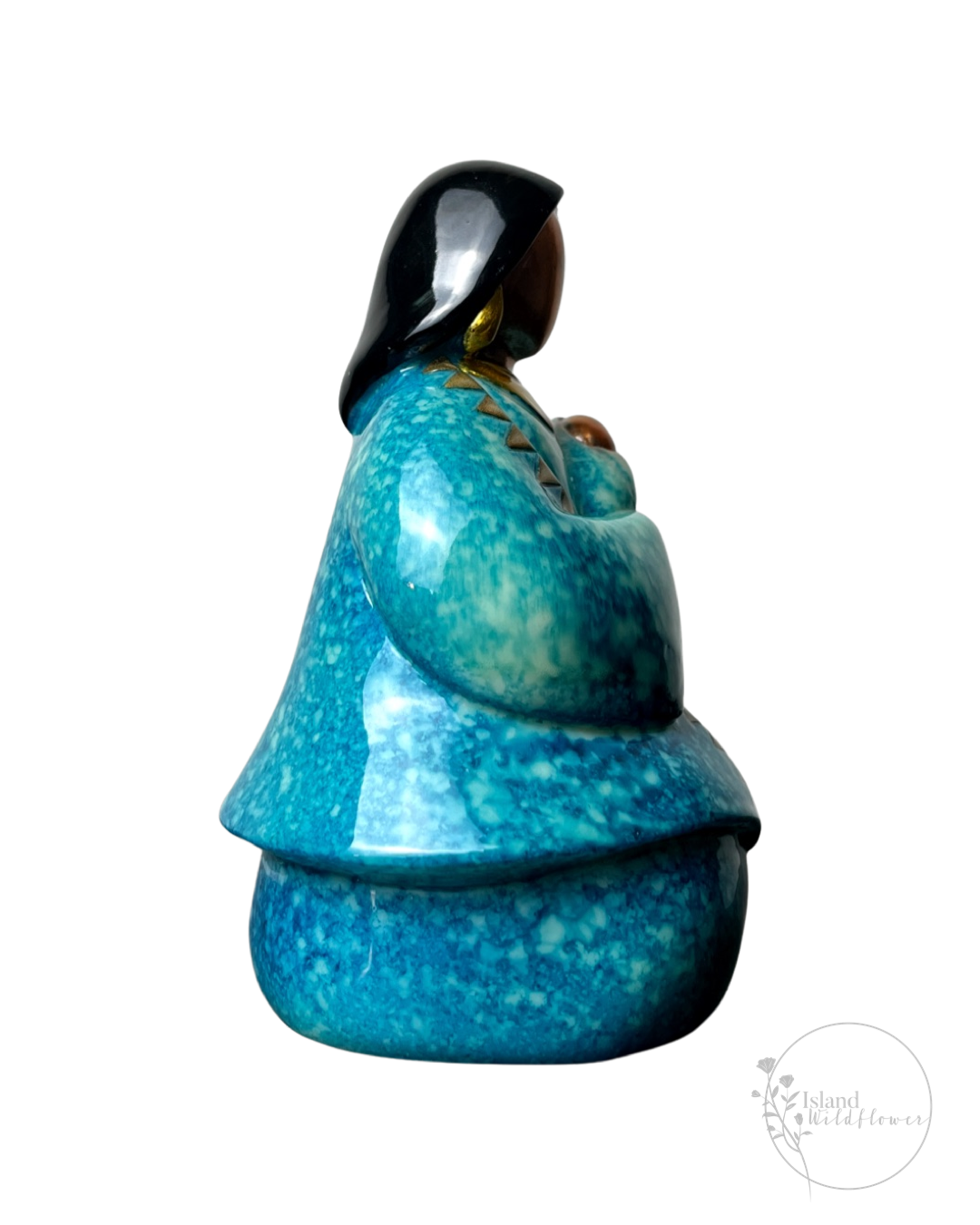 Native American Mother and Child Figurine in Speckled Blue Ceramic with Bronze Faces and Gold Accents