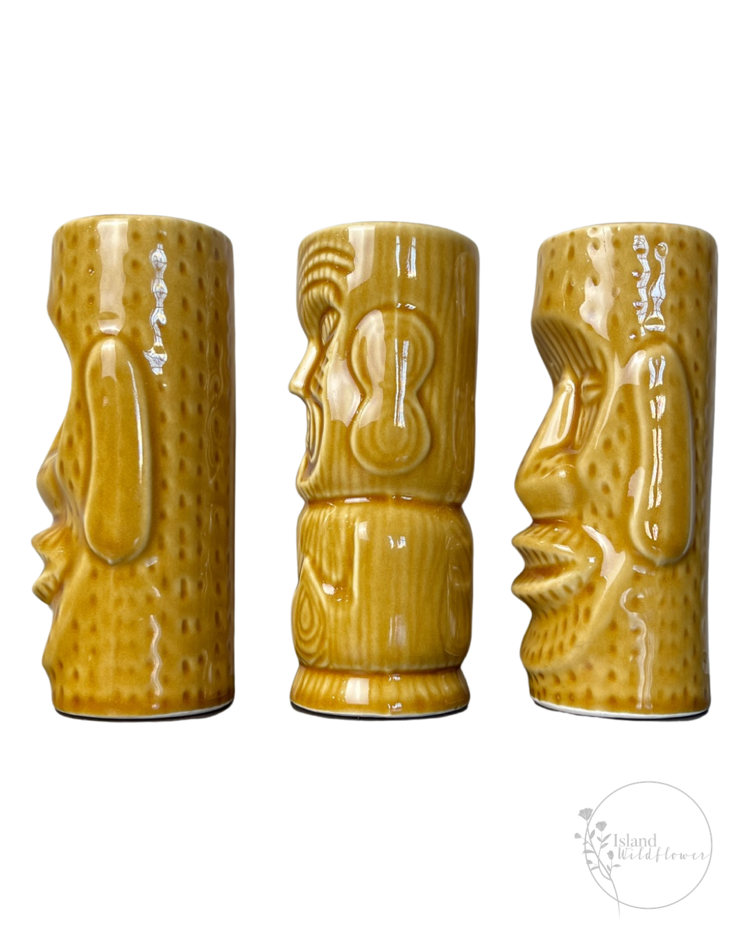 Side view: Exotic Tiki Mug Trio - Set of Three Ceramic Tiki Mugs in Golden Brown Glaze