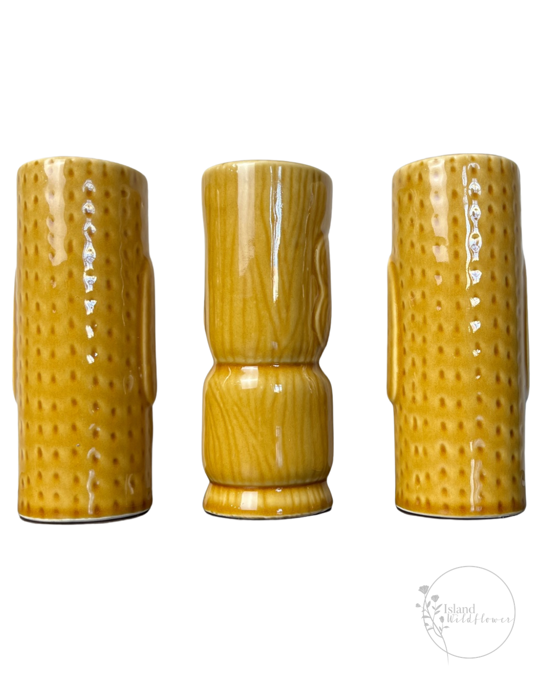Rear view: Exotic Tiki Mug Trio - Set of Three Ceramic Tiki Mugs in Golden Brown Glaze