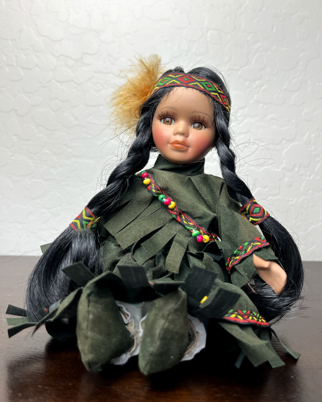 Vintage Cathay Doll in Traditional Native American Fringed Garb with Red, Green, and Yellow Embellishments - 8.5 inches