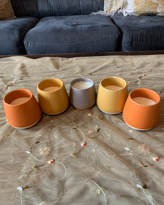 Two-Toned Ceramic Candle Set with Natural Clay Bottom, Orange or Yellow Scented Candles