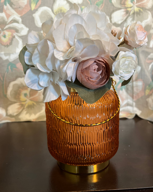 Orange Glazed Glass Vase with Woven Textured Lines and Gold Accents