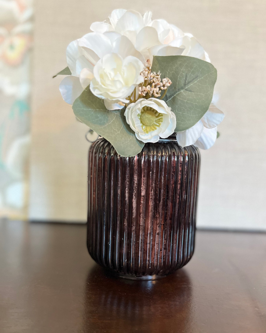 Rustic Bronze Glazed Glass Vase with Textured Lines and Metallic Sparkle