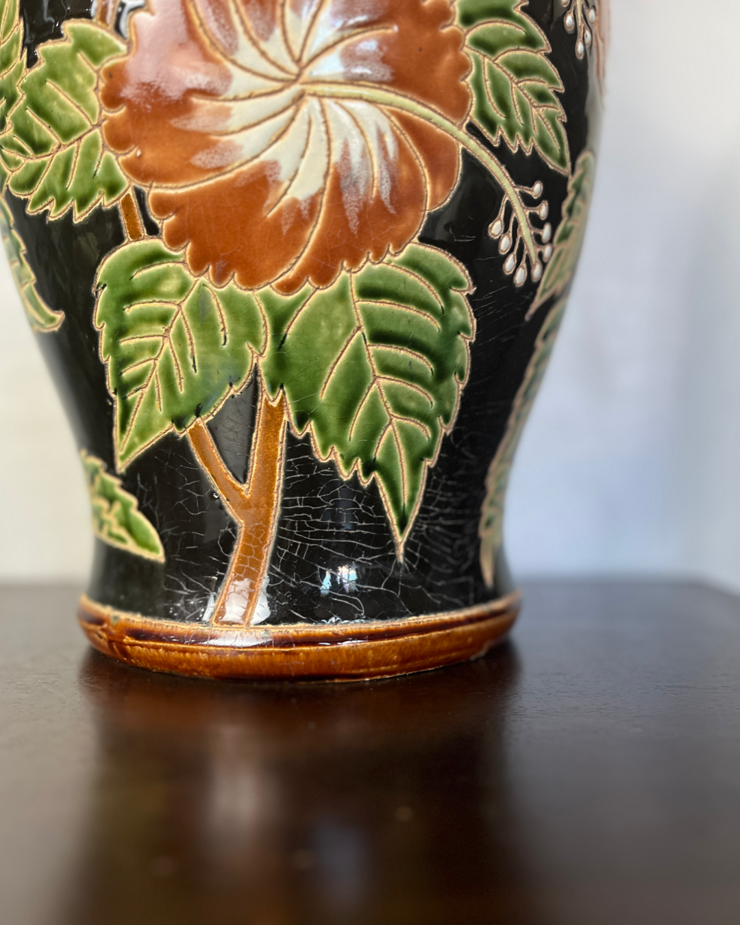 Vintage Majolica Vase: Intricate Hand-Painted Florals on Dramatic Black Glaze with Refined Brown Lining and Authentic Crazing