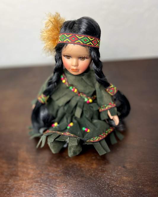 Vintage Cathay Doll in Traditional Native American Fringed Garb with Red, Green, and Yellow Embellishments - 8.5 inches