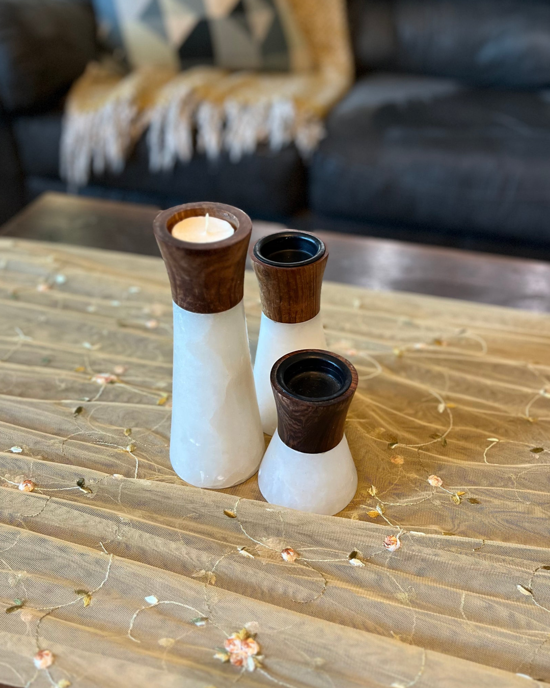 Alabaster and Wood Tapered Cylindrical Candle Holder Set with Iron Candle Plates